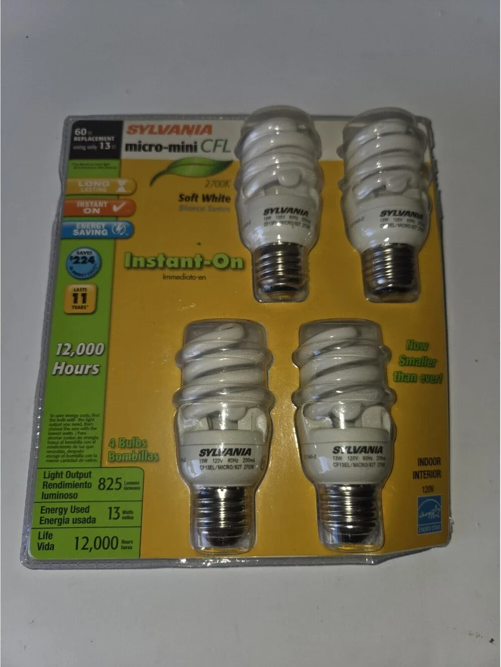 Sylvania Micro-Mini CFL 13W Soft White 60W Replacement 4-Pack New Sealed SF2